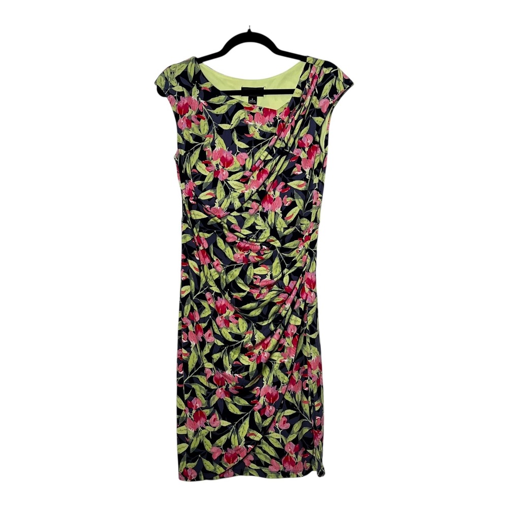 Connected Apparel Womens Floral Cowl Neck Ruched Sheath Dress Navy Pink Size 8